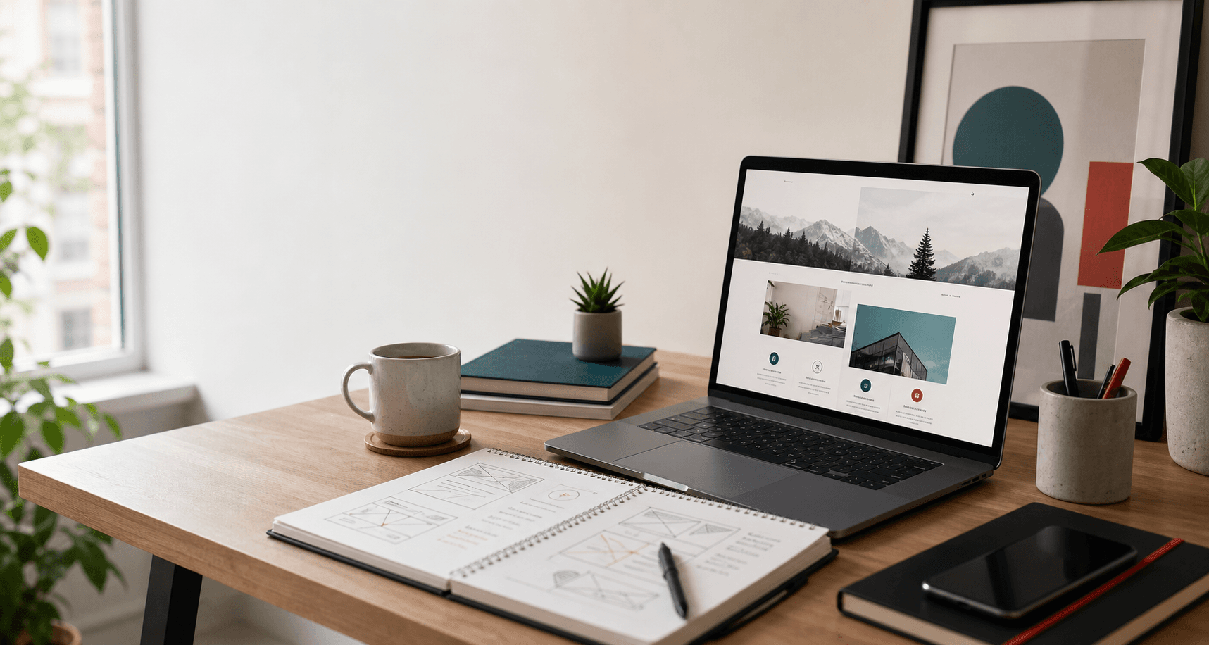 Modern desk setup with a laptop showing a website layout and planning notes